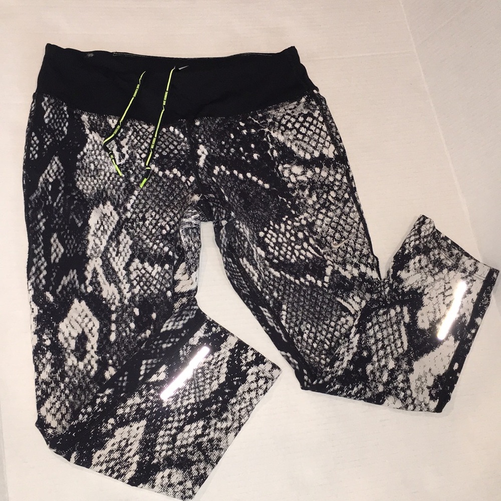 Nike Black & White Snake Print Leggings with Neon Lime Drawcord